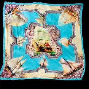 Silk Scarf Unisex Caravelle Ship Nautical Print Hand Rolled Silk Vintage 33”x35”